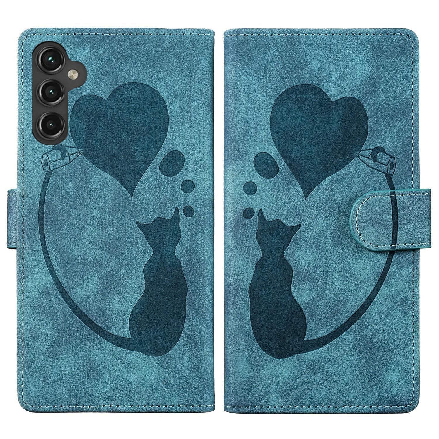 

For Samsung Galaxy S25/S24 Wallet Phone Case Cute Cat Imprint PU Leather Flip Cover Blue