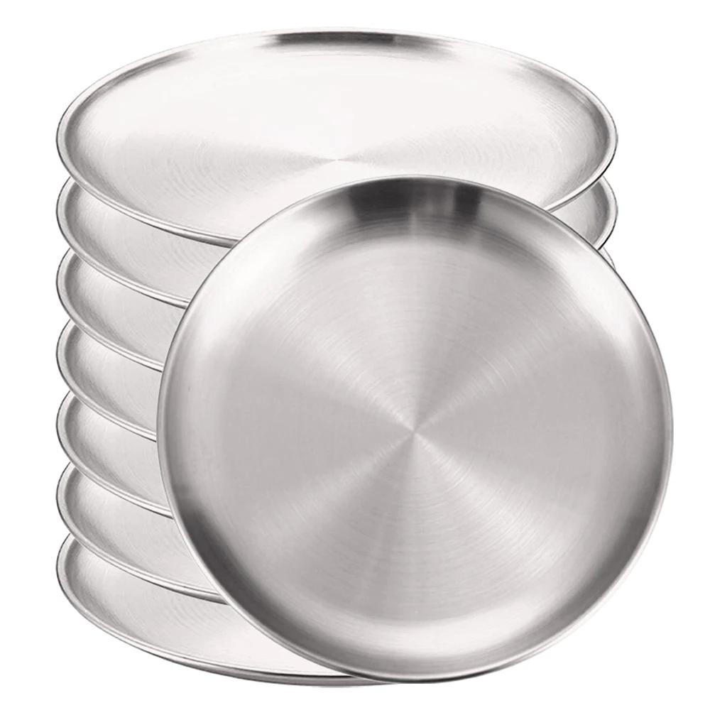 8Pcs Stainless Steels Round Golden Shallow Tray Plate Rust-Proof 14/17/20/23/26cm Camping Plate BBQ Picnic Dishes Cookware
