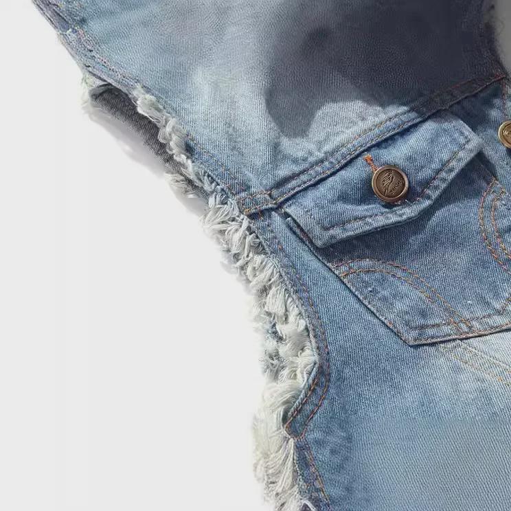 Pánská světle modrá roztrhaná džínová vesta korejského stylu Slim Fit