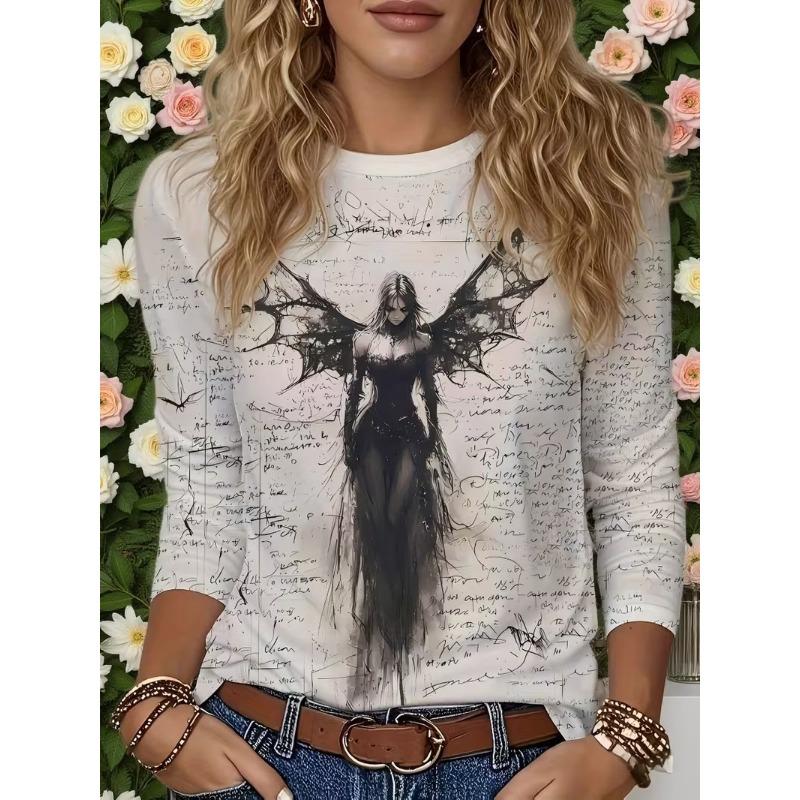 Autumn and Winter Ladies 3D Portrait Printing Crew Neck Long Sleeve T-Shirt