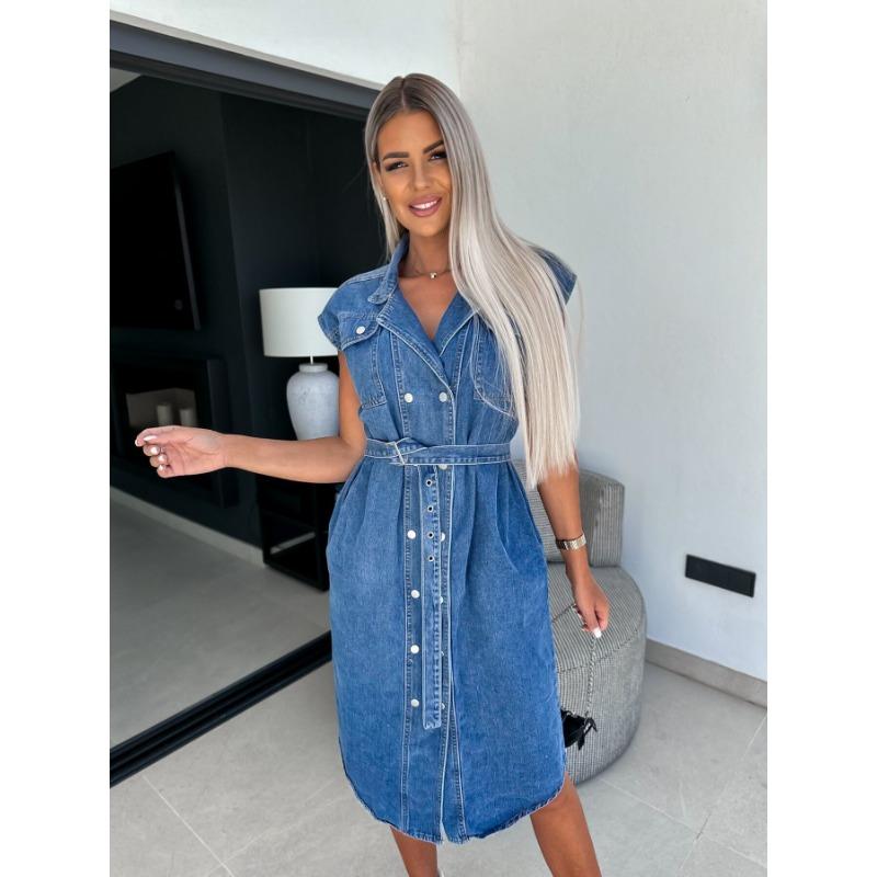 

VEZFAA Женская мода Лето Весна Однотонный Принт Без Рукавов Поло Высокая Талия Повседневные Платья XL