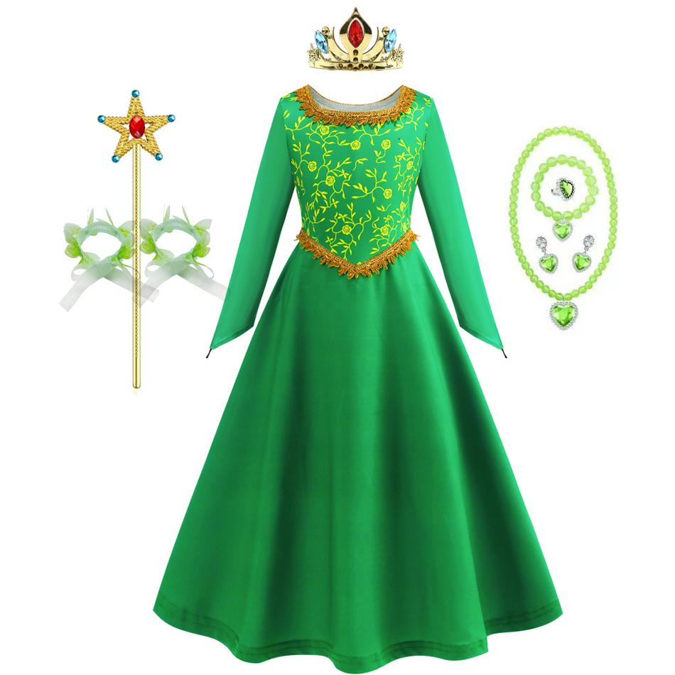 Robe Fiona Halloween Cosplay Shrek Robe Fantaisie Costume Princesse Verte Robe Élégante Enfants Manches Longues Robes Imprimées 9-10T (Tag 150) green