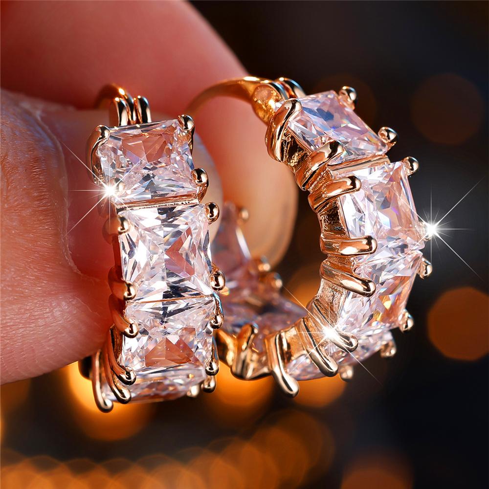Crystal Green White Blue Square Zircon Stone Hoop Earrings For Women Fashion Female Gold Color Wedding