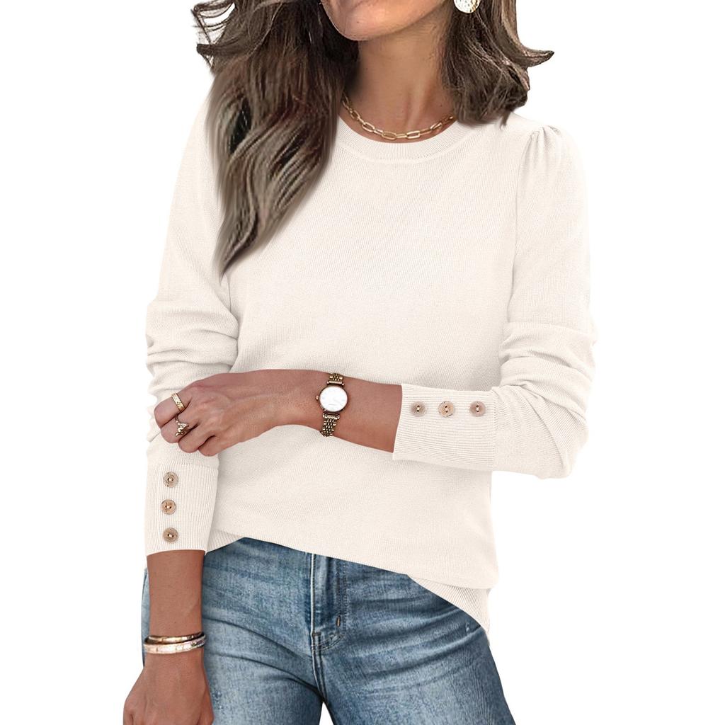 Womens Fashion Long Sleeve Button Cuff Soft Knit Pullover Trendy Tops Solid Color