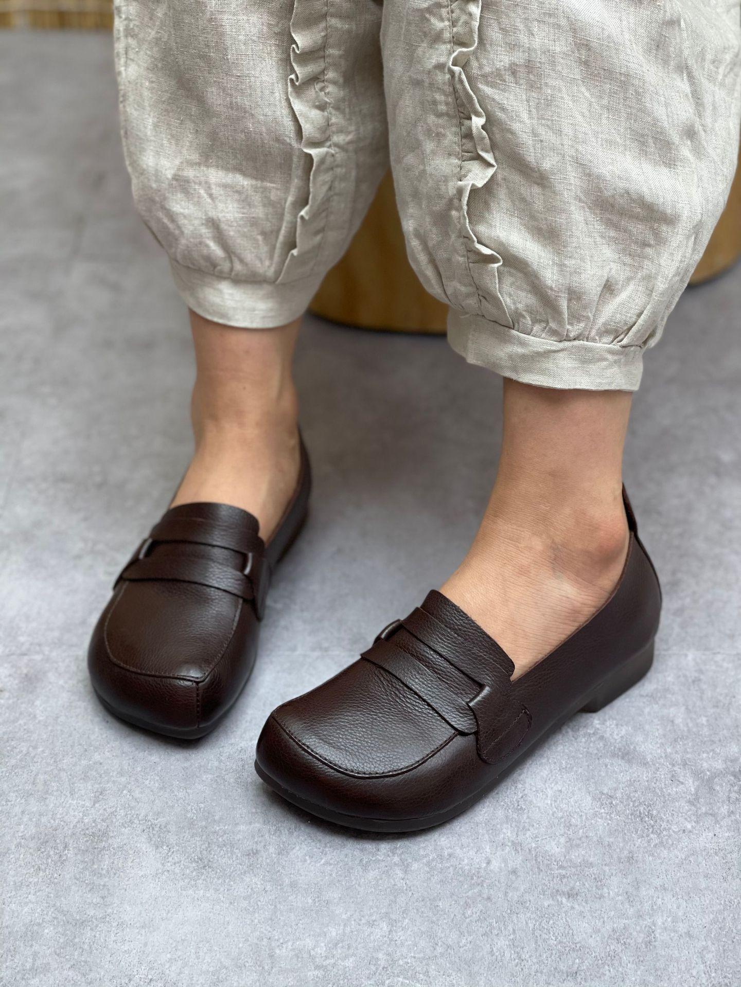 

Ретро-туфли из кожи ручной работы, повседневные лоферы на плоской подошве с круглым носком, женская обувь 40 кофейный