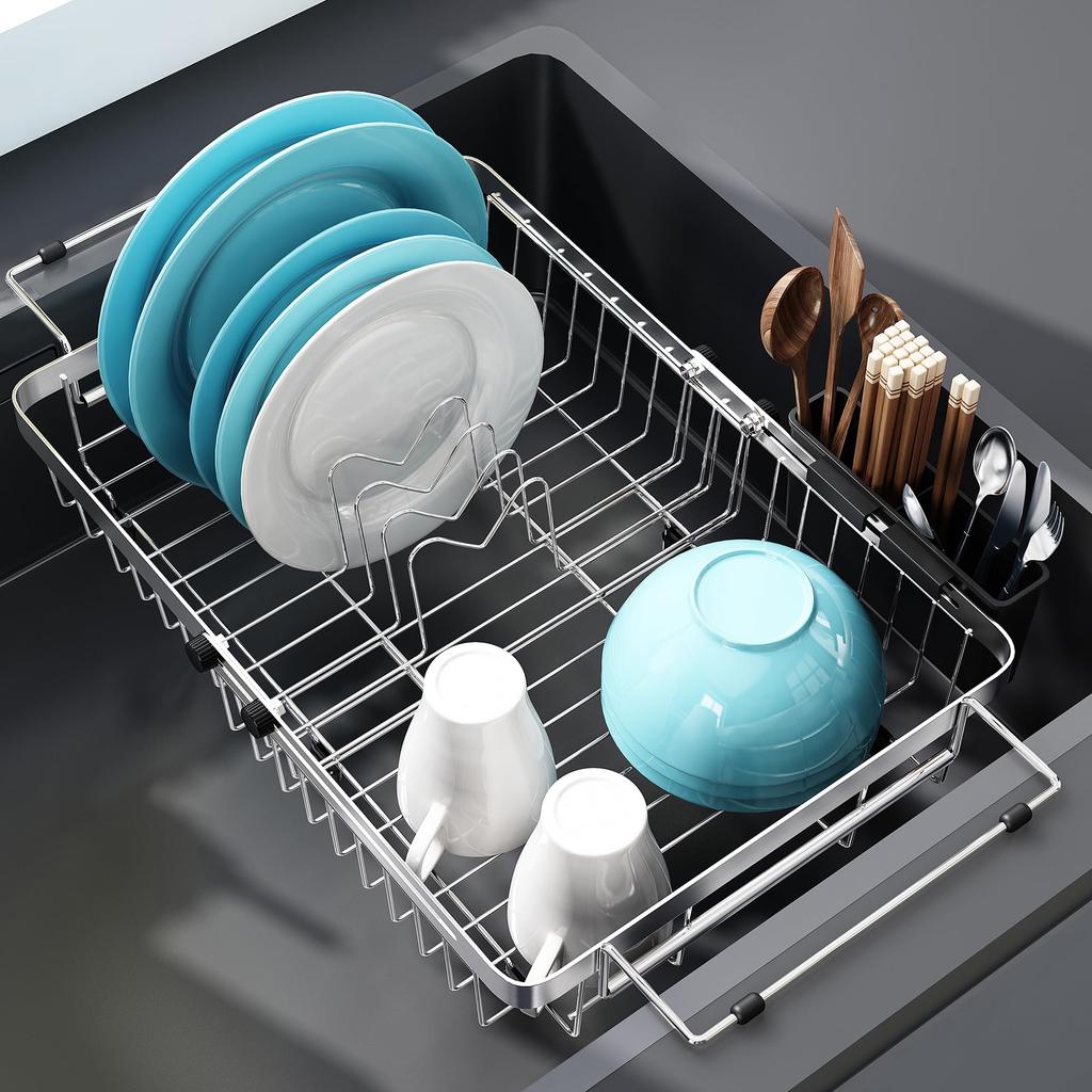 MAJALiS Dish Dish Expandable Dish Over the Stainless Dish Inside the Mizukiri Washing Dish Adjustable Rust Heavy Duty Silver Drainer, Expandable,