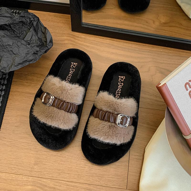 

Thick-bottomed versatile fluffy slippers for women s 2025 autumn and winter new non-slip home wear one-word indoor plush cotton mop 40 хакі