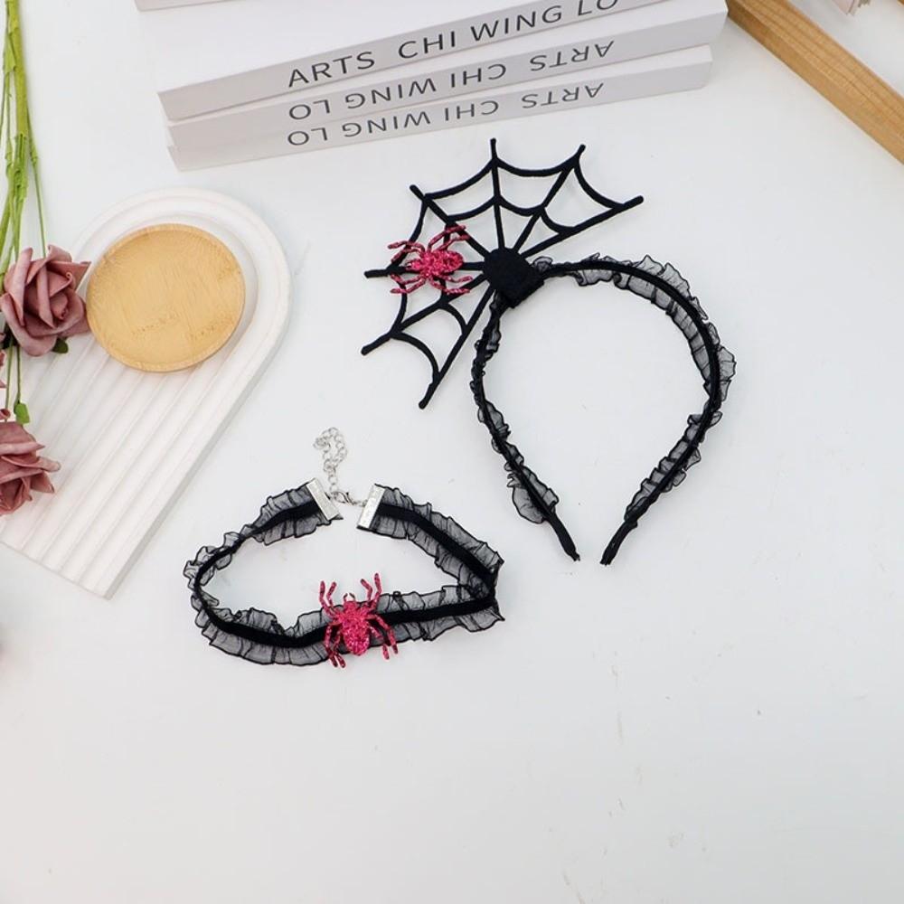 Mesh Hairband Necklace Set Ruffles Spider Web Hairband Personality Halloween Headband Ladies