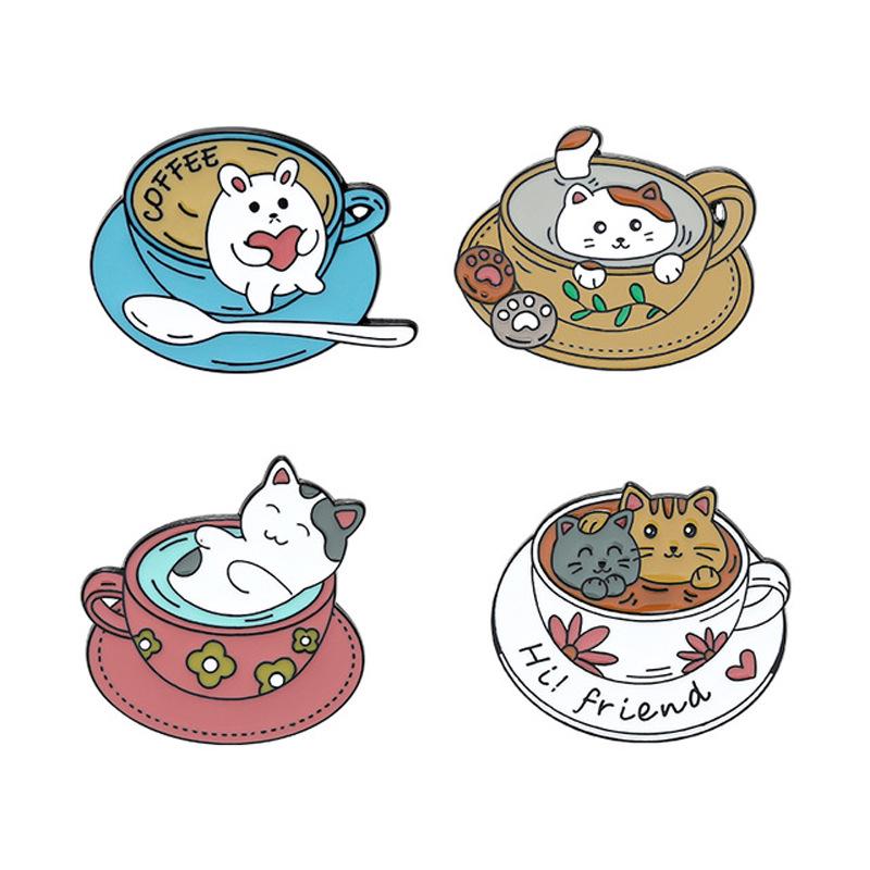 White Rabbit & Cat Coffee Bath Drip Oil Brooch - Creative Versatile Badge