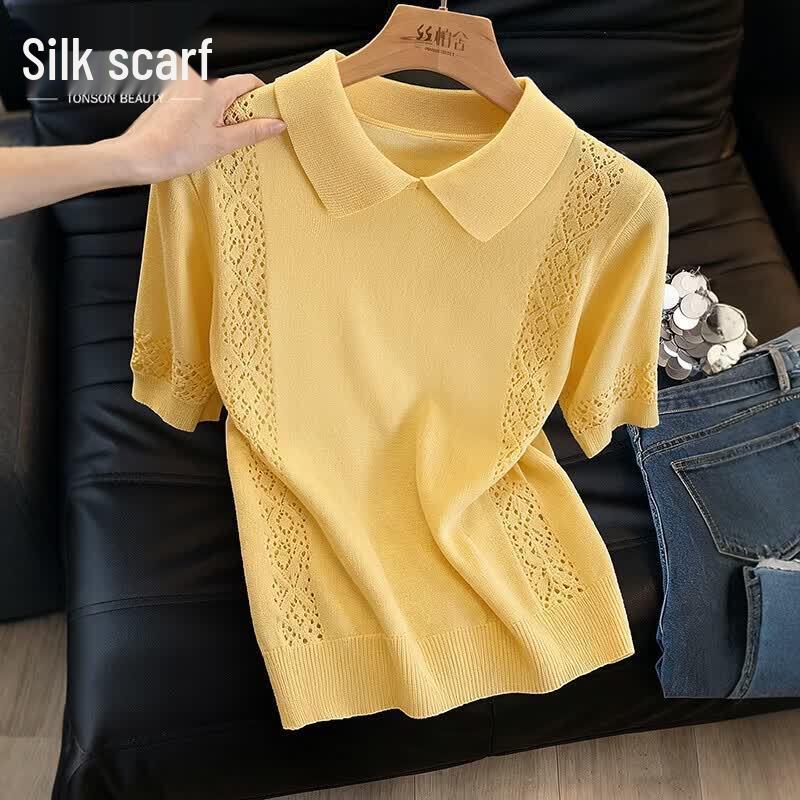 Women s Hollow Out Polo Knit Top One Size жёлтый