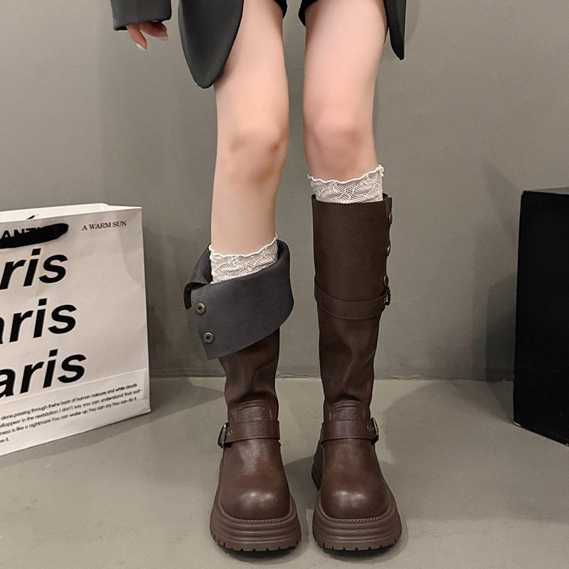 2025 New British Style Thick-soled Black Slim Boots Tall Thick-heeled Boots Women's Retro Autumn and Winter Knight Boots