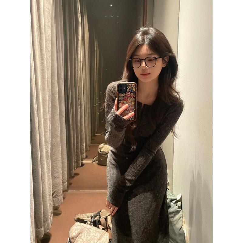 

Gray long-sleeved knitted dress women s spring high-end feeling waist drape pit strip temperament long dress XL серый