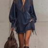 Elegant British Style Long Sleeve High Neck Suede Dress For Casual And Party Wear