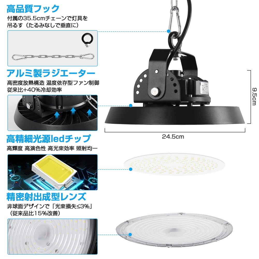100W LED High Bay High Wide Beam IP66 Waterproof and Hours PSE 3M Wiring with No Installation Safety Rope and Stays Ideal for Parking and Set of 2