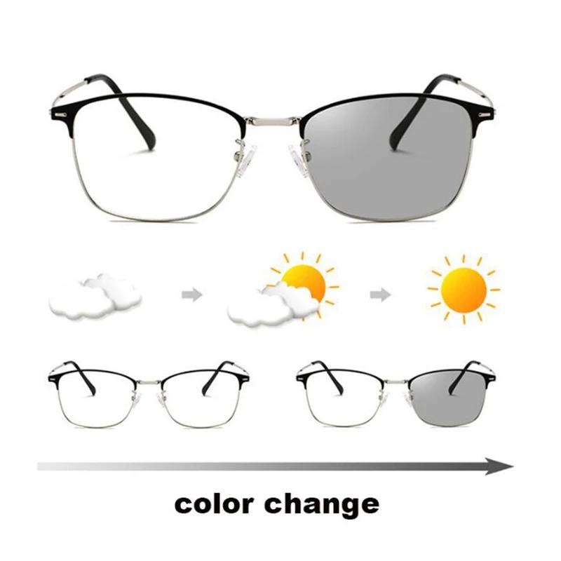 Photochromie Brille Quadratischer Legierungsrahmen Kurzsichtigkeitsbrille Outdoor UV-Schutz Dioptrie -0.5 -1.0 -1.5 -2.0 Bis -6.0