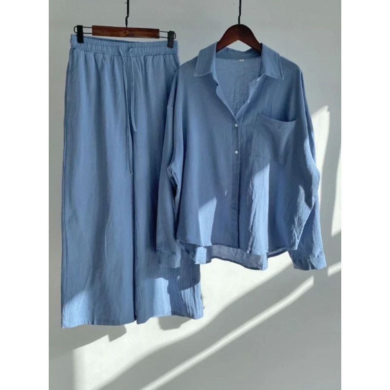 

Solid Color High Waisted Loose Pants Set Pure Color High Waist Loose Pants Suit Blue 3XL