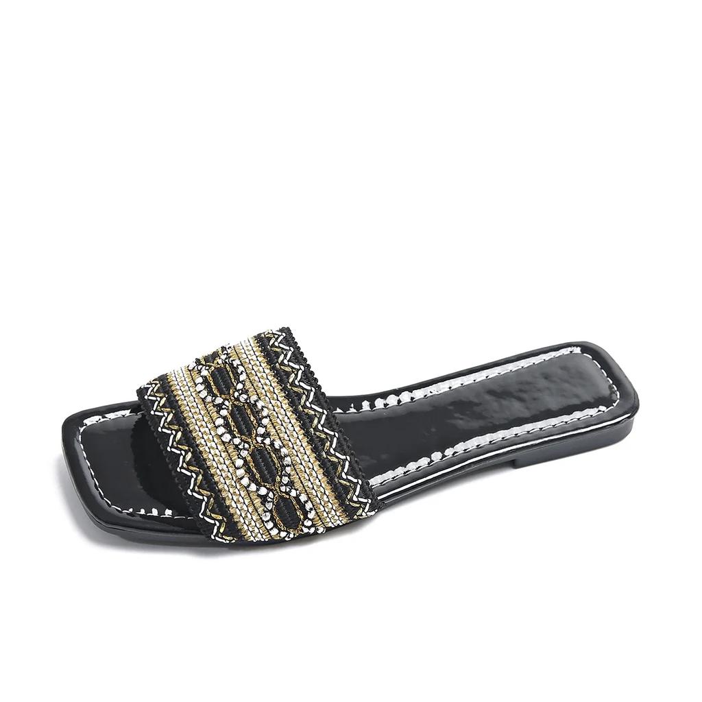 Fashion Woman Shoes 2025 Open Toe Slippers Women Plus Size Casual Comfortable Mixed Colors Sandals Square Toe String Bead Flat Slippers