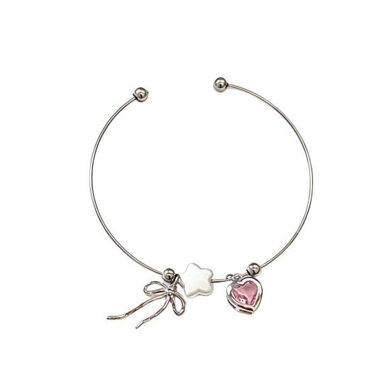 Bowknot Charm Bracelet Faux Gemstone Pink Heart Cuff Bracelet Adjustable Dainty Bracelet Elegant Wrist Jewelry for Girls Women