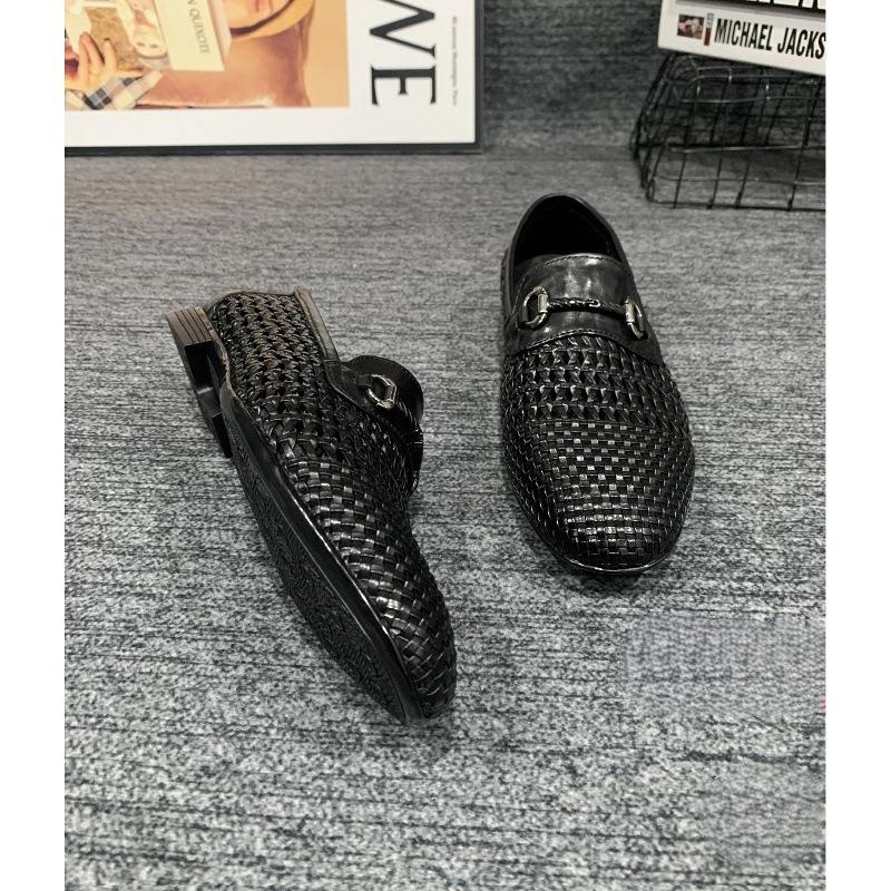 2025 spring new men's shoes leather woven loafers one pedal lazy beanie shoes men's casual leather shoes trend