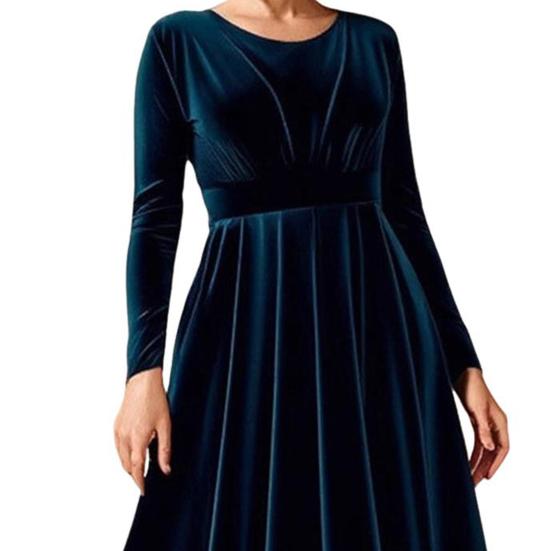 Damen Samt Maxi Kleid Lässig Rundhals Langarm A-Linien Swing Kleid Herbst Cocktailparty Formelles Kleid für Hochzeitsgast