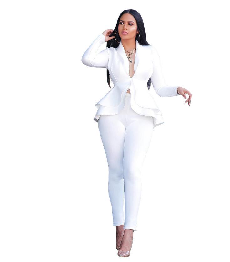 Women's Lapel Long Sleeve Ruffle Peplum Blazer Skinny Pants 2 Piece Business Suit Set 2022 Fall Office Tracksuit