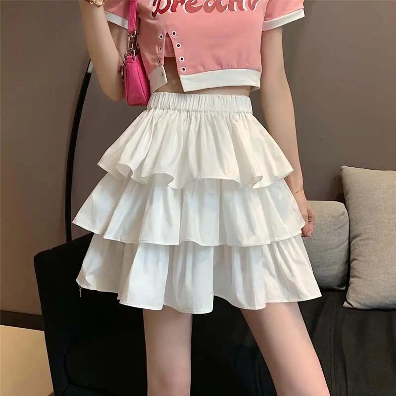 Black and White Check Cake Skirt Women's Elastic Waist A-word Ruffle Edge Pleats Puffy Skirt Sexy Sweet Gothic Preppy Style Spring Summer