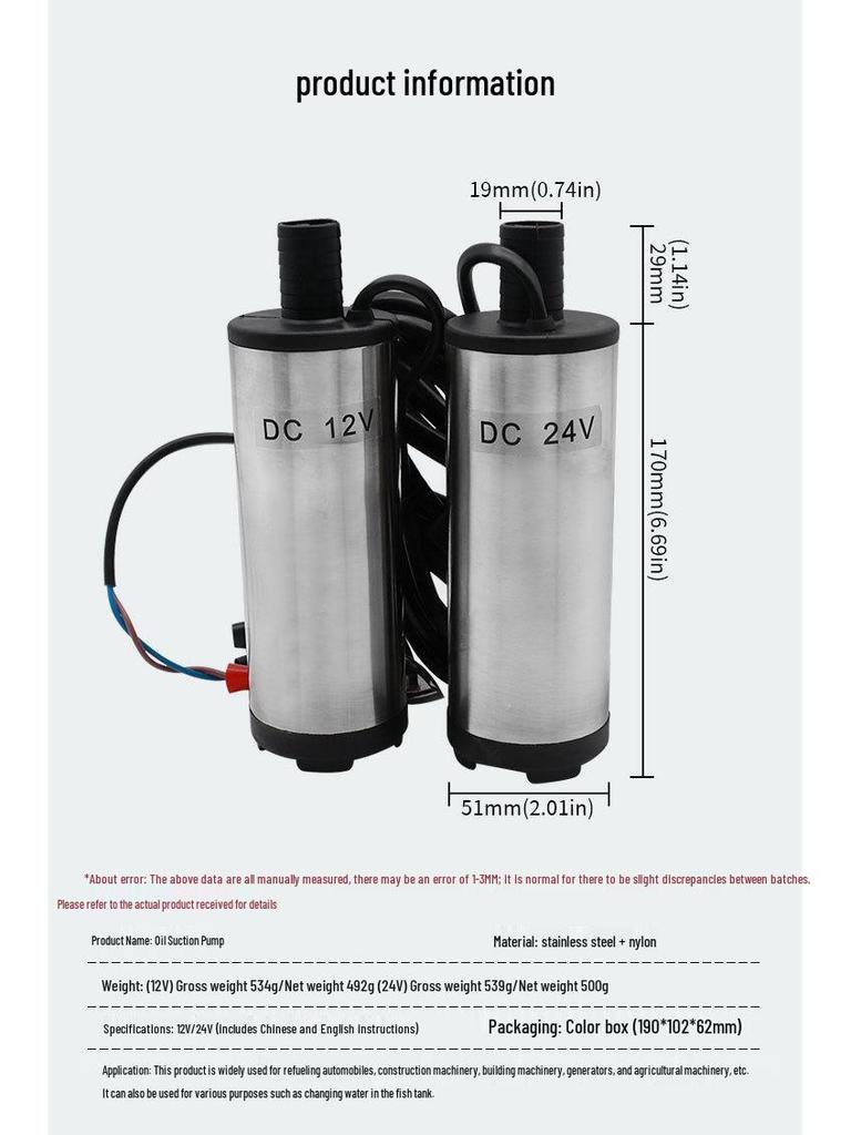 Electric 12V/24V DC Submersible Oil & Water Transfer Pump, 51mm Diesel Extraction Pump