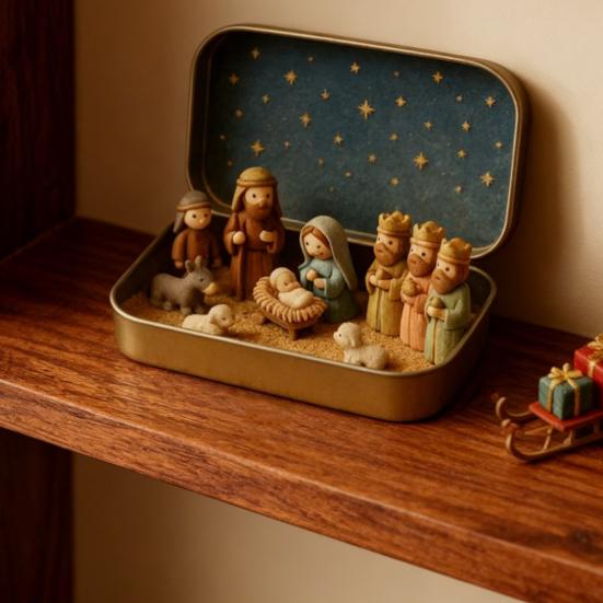 Miniature Christmas Nativity Set In A Tin Box Handcrafted Pocket Nativity Scene Gift Small Religiou Holy Family Ornament for Desk Shelf Travel Decor