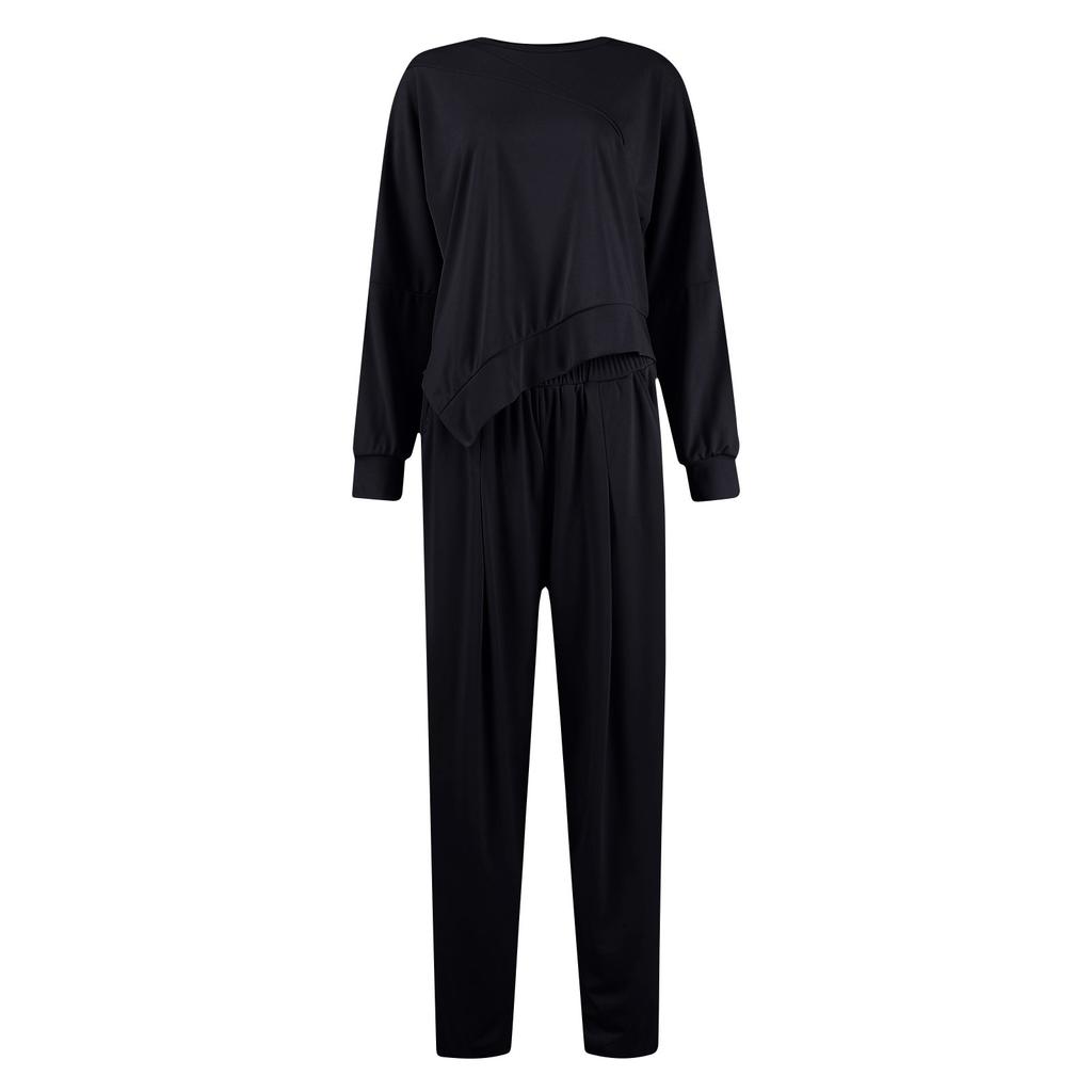 Women's Fashion Color Round Neck Long Sleeved Loose Irregular Sweatshirt Set
