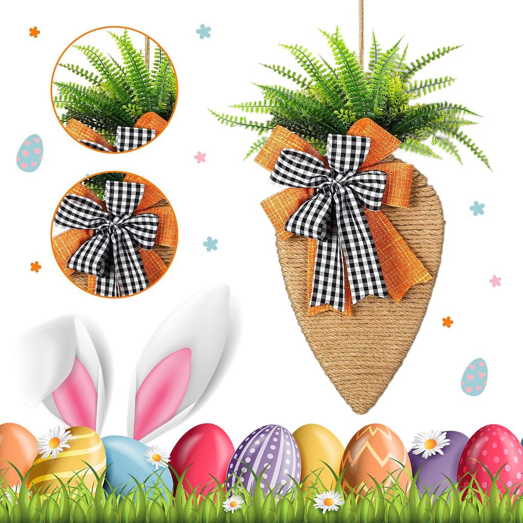 17in Carrot Easter Wreath with Black and White Burlap Bow Easter Rope Carrot Door/ Wall Decor Home Party Decorations for Spring