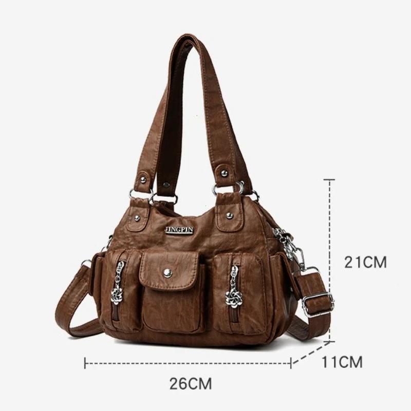 Retro Leather Female Multi-pockets Shoulder Crossbody Bags for Women Mother 2 Layers Large Capacity Handbag Messenger Tote Bag