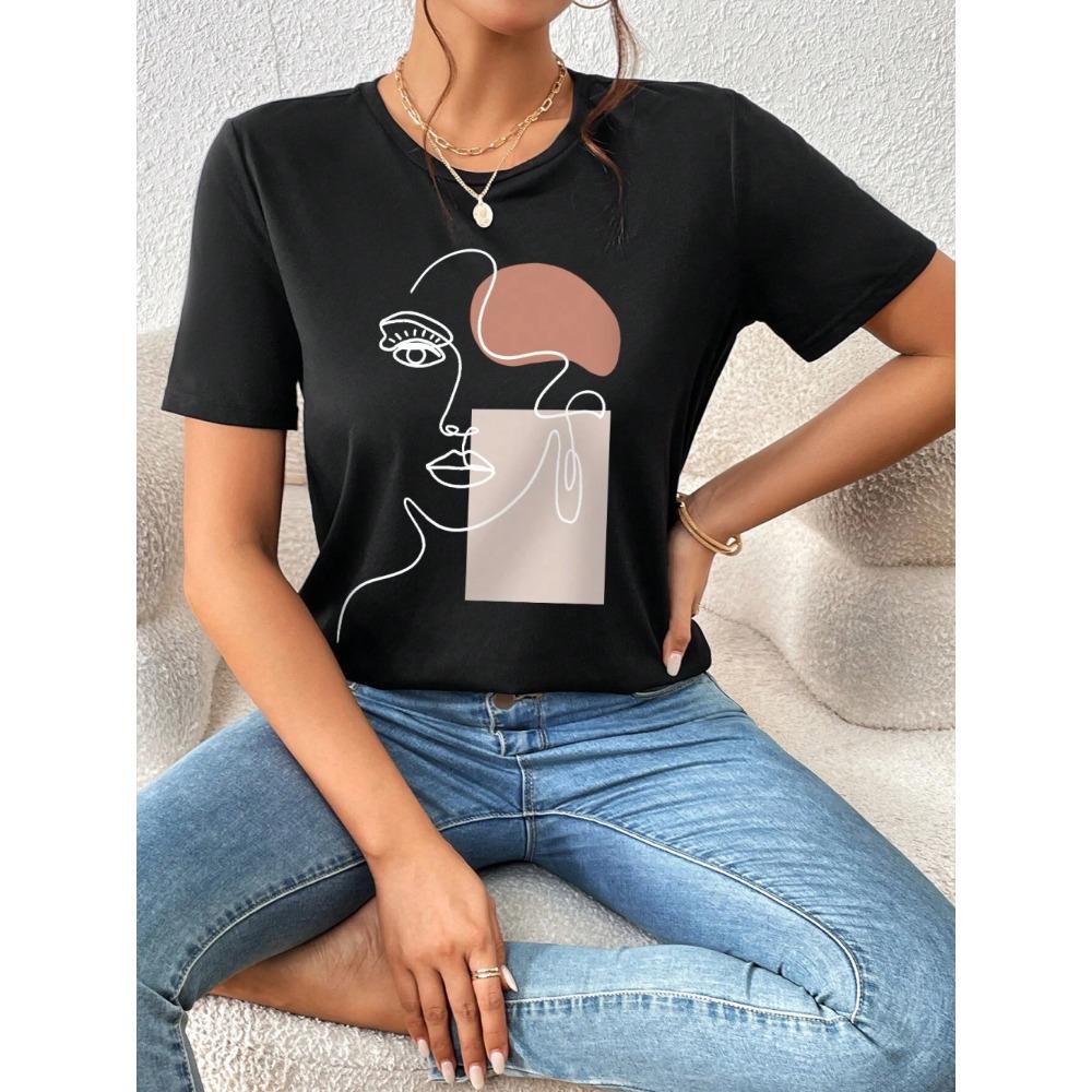 

Женские футболки Модные Простые Футболки с принтом женского лица Повседневные Топы с коротким рукавом Свободная Удобная Уличная одежда XXL