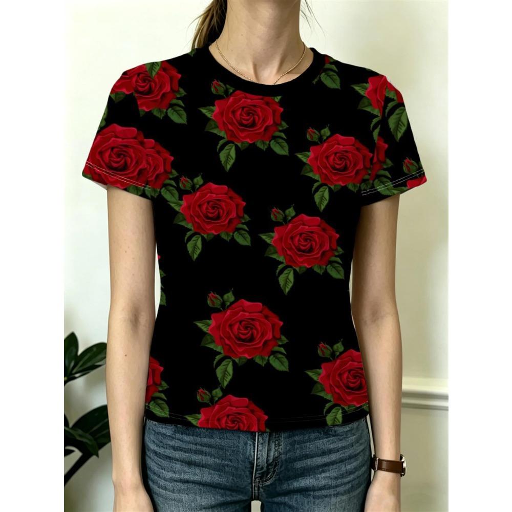 Women's T-shirt with Red Rose Full Print Retro Romantic Round Neck Top