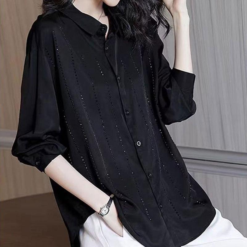 Female Clothing Korean Loose Shirt Polo-Neck Casual Fashion Single-breasted Diamonds Spring Autumn Commute Long Sleeve Blouse