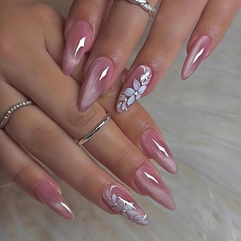 Flower Press on Nails Short Almond Fake Nails Spring Summer Nails Shell French Tip False Nails Press ons with Pearl Design Glossy Acrylic Reusable