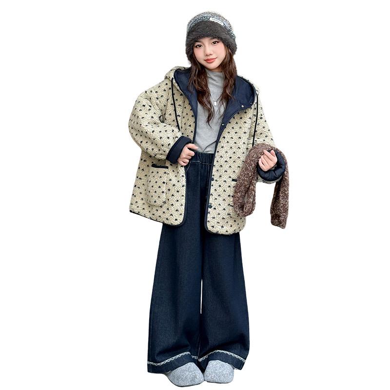 Girls' Winter Fuzzy Sweater & Fleece-Lined Jeans Set 2025 - New Trend for Middle and Big Kids