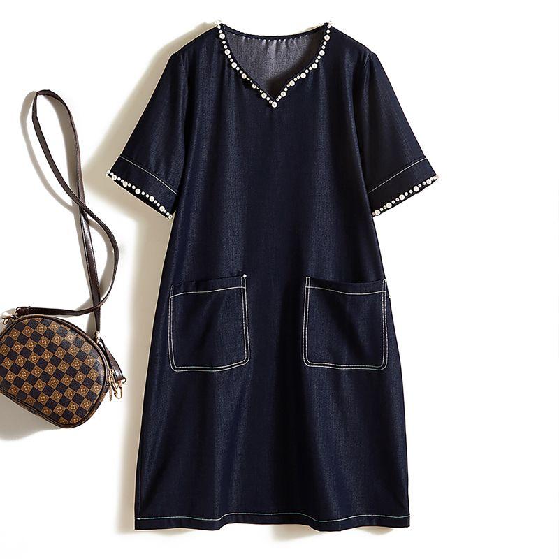 

It Is Worth Guest dresses at a Glance! Women Summer Pearl V-neck Pocket Style Washed Cotton Blue dress Summer Welfare Dark blue 4XL