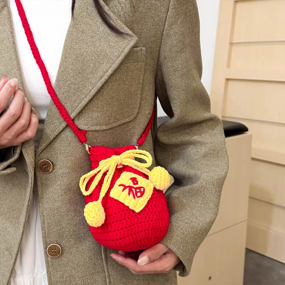 

New Handmade Kintted New Year Shoulder Bag Personality Red Color Spring Festival Coin Purse Crossbody Bag