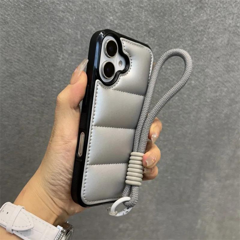 

Luxury Down Jacket Lanyard Pure Color Case for iPhone 16 15 14 Pro Max 13 12 11 16 Plus Hand Wrist Strap Shockproof Soft Cover For iPhone 12 Pro
