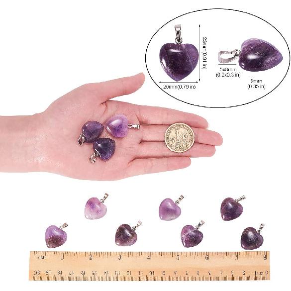 LiQunSweet 10 Pcs Genuine Amethyst Semi-Precious Gemstone Quartz Stone Heart Shape Pendants Bulk for Women Jewelry Necklace Making Findings