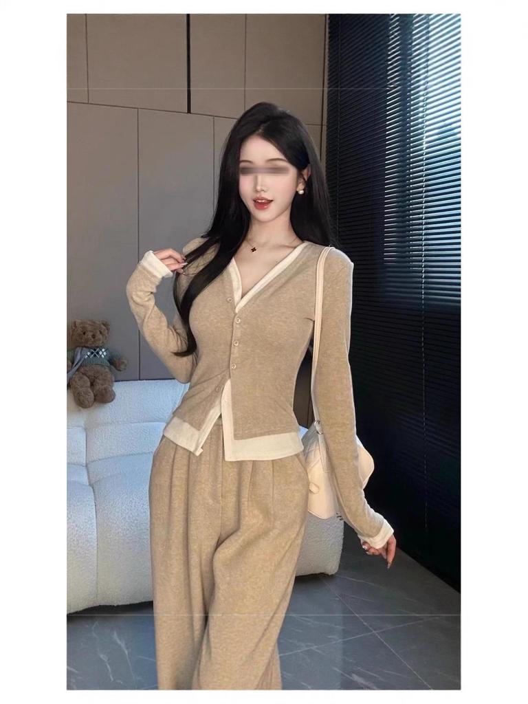 Women's Casual Fashion Set: Two-Piece Faux Layer Top and Wide-Leg Pants for Spring & Autumn