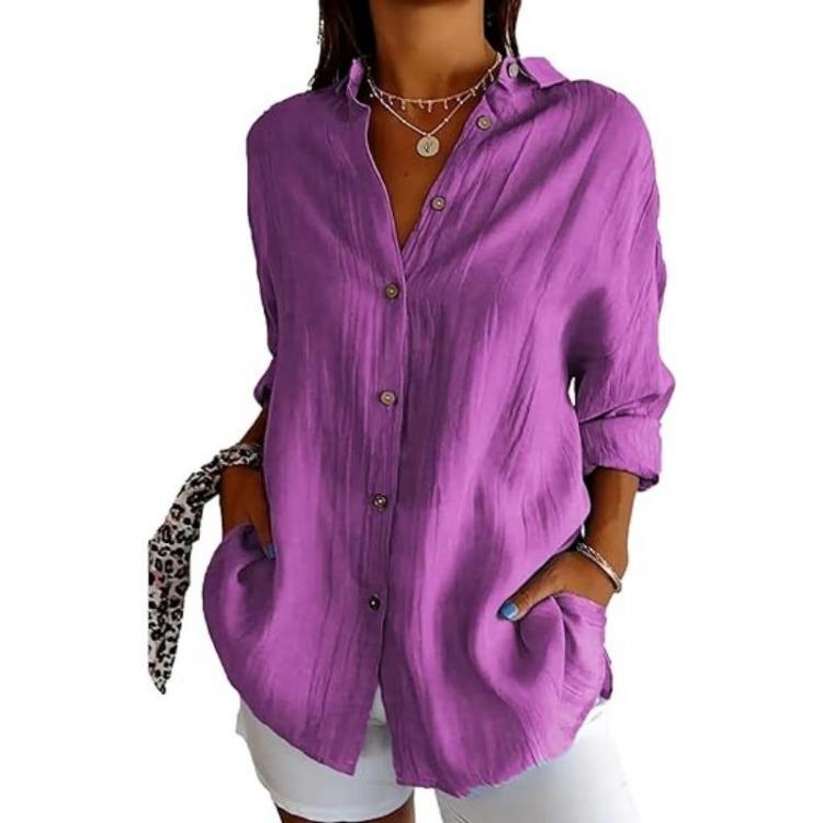 European Style Women Solid Pleated Shirt with Lapel and Roll Up Sleeves