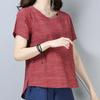 Women Patchwork Cotton Linen  Short-sleeved Solid  Top T-Shirt