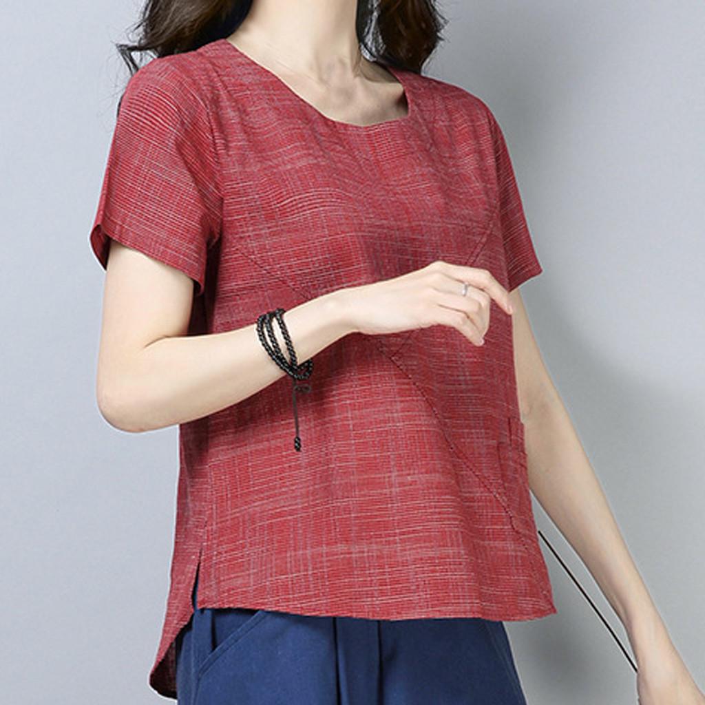 Women Patchwork Cotton Linen Short-sleeved Solid Top T-Shirt