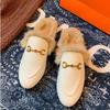 2025 Women's Genuine Leather Furry Half-Slippers with Horsebit Strap - Warm Autumn/Winter Shoes