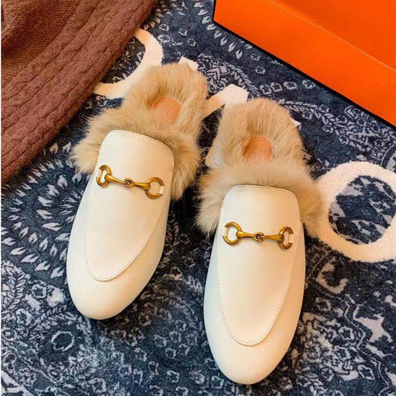 2025 Women's Genuine Leather Furry Half-Slippers with Horsebit Strap - Warm Autumn/Winter Shoes
