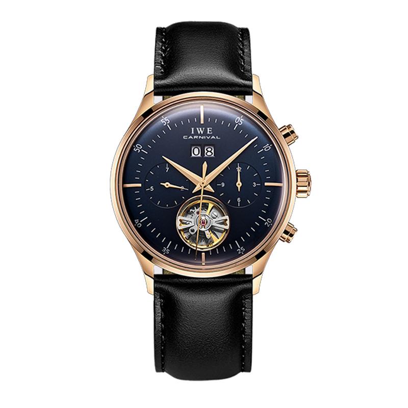 New CARNIVAL Grey Dial Luxury Tourbillon Watch For Men Mechanical Travel Time Wrist Watch Men Leather Waterproof