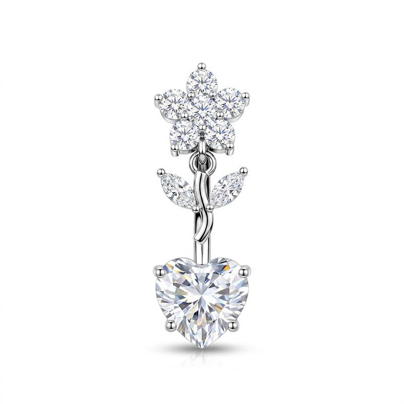 Hypoallergenic Navel Ring Shiny Cubic Zirconia Flower Design Durable Stainless Steel Belly Button Piercing for Women Gifts