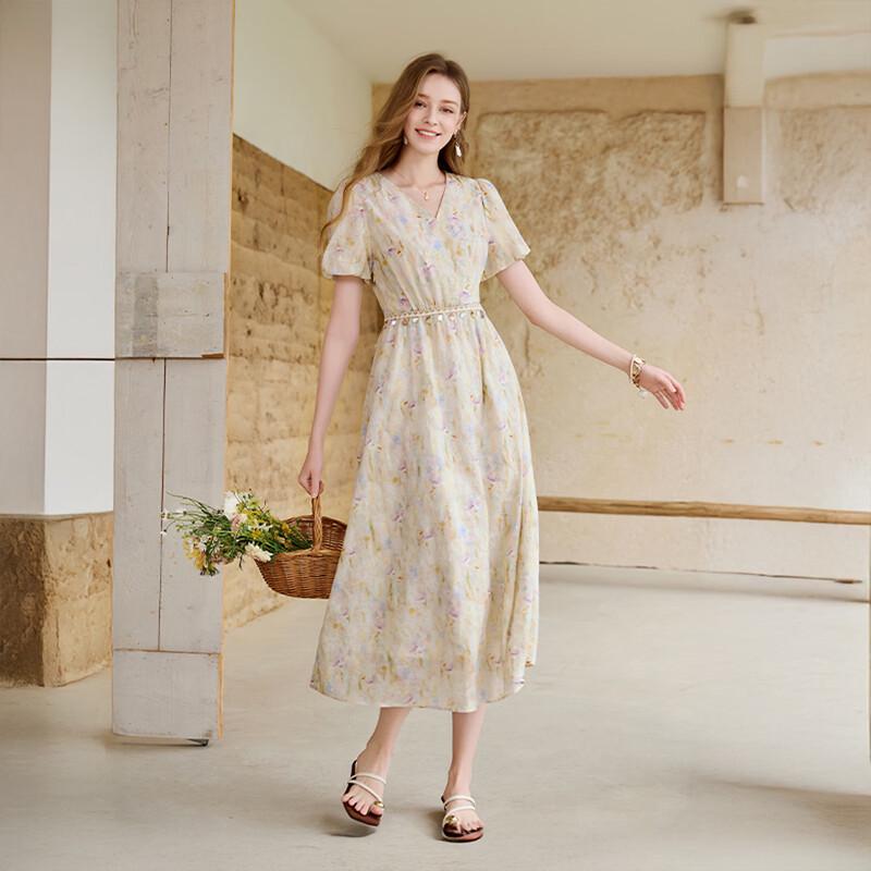 Bohemian Floral V-Neck Bubble Sleeve Midi Dress