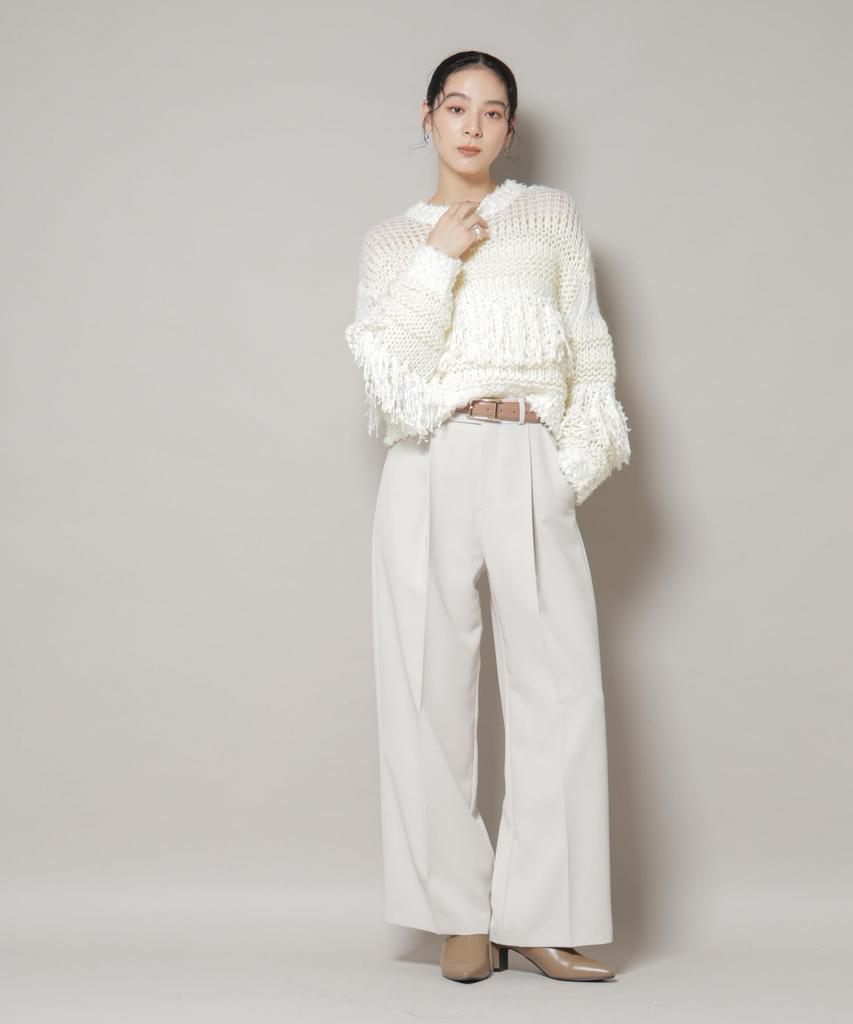 Nano Universe F 031 Mixed Material Border Fringe Knit Women's Pullover, Off-White, 669-5222326